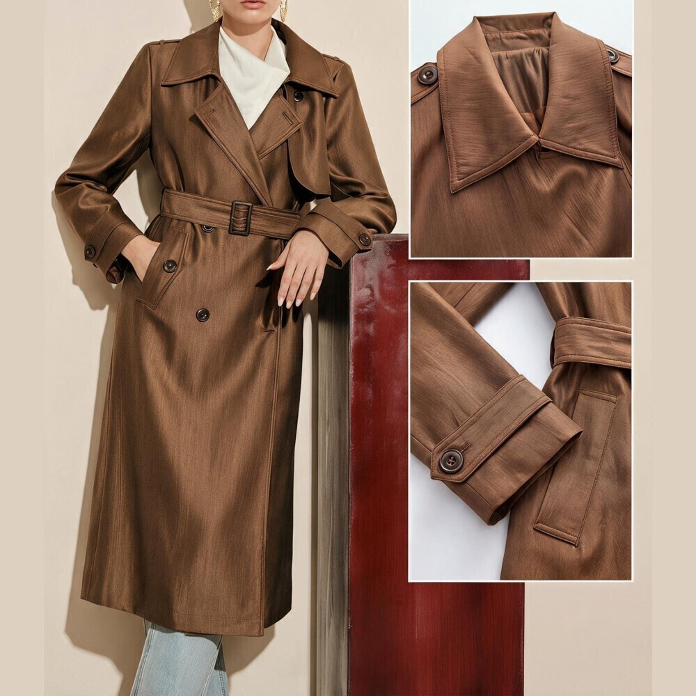 Bronze Satin Sheen Double Breasted Belted Midi Trench Coat